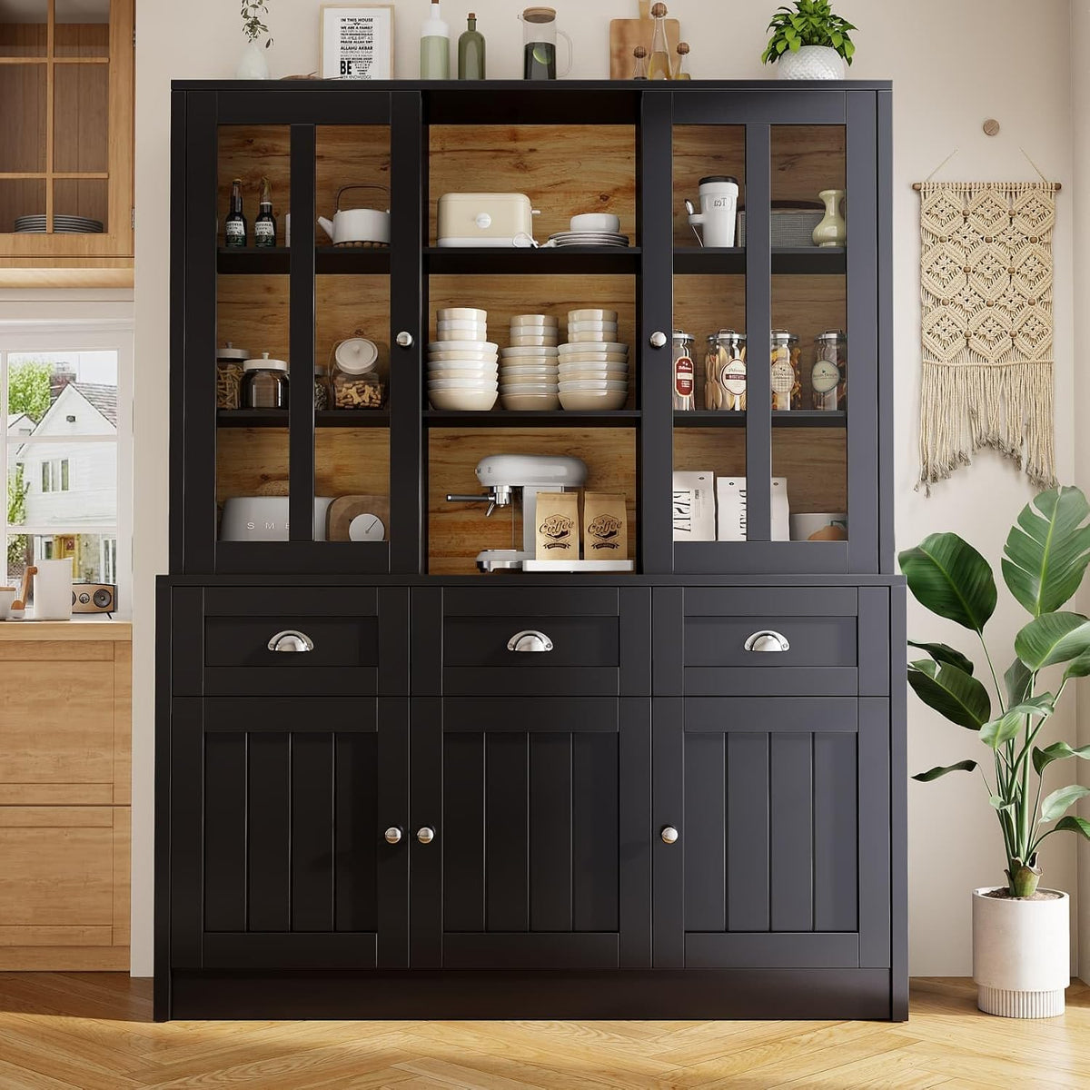 Buffet PUGSDRLY 140x38 5x175cm-Noir, 140 × 38.5 × 175cm, Salon et Salles à Manger, 5 Portes, 3 Tiroirs, 5 Portes et 3 Tiroirs, Vitrine