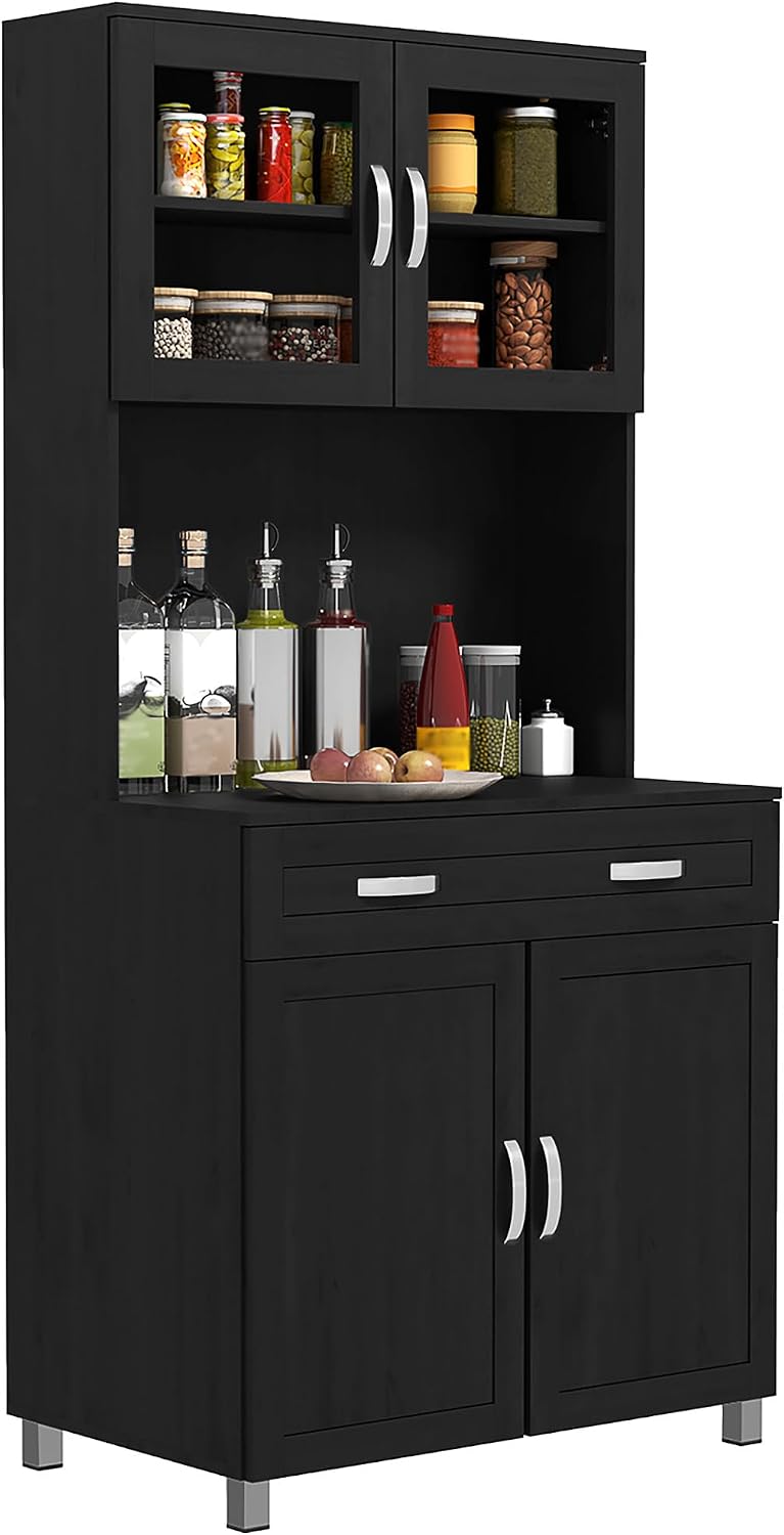 Buffet, Armoire de Cuisine, 80 × 48 × 170cm, réglable, verre, HOMCOM, 80l, 2 portes, Noir, Tiroir