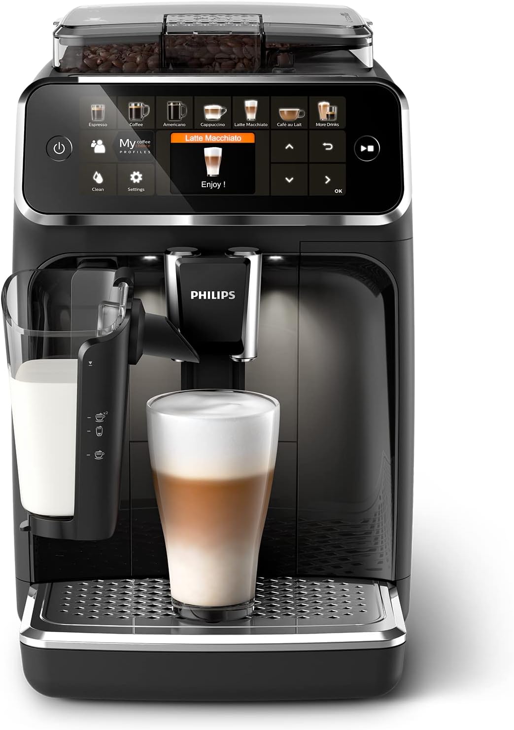 PHILIPS Machine à café, 12 boissons, Noir, commande tactile, carafe LatteGo