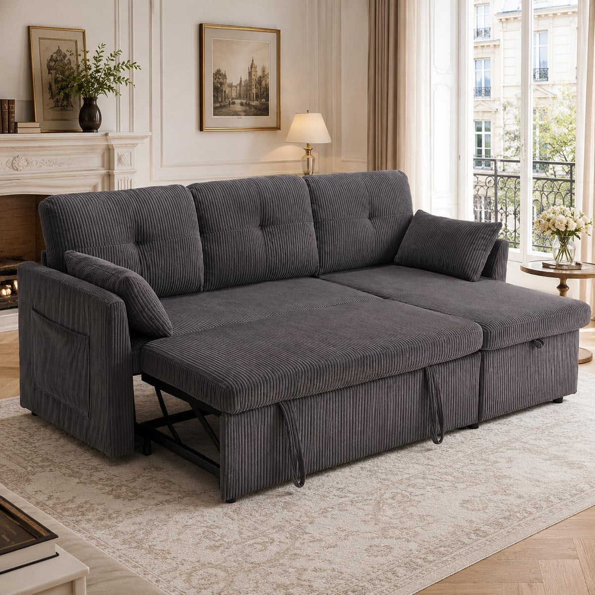 Canapé Sapgaks, télécommande, Gris foncé, Velours