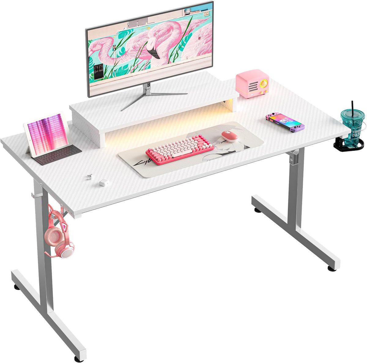 Bestier Bureau, 106 cm, éclairage LED, 106, 6 cm, 50 cm, 84, 5 cm, 22 modes, Design en Fibre de Carbone Blanc, Support Écran Intégré
