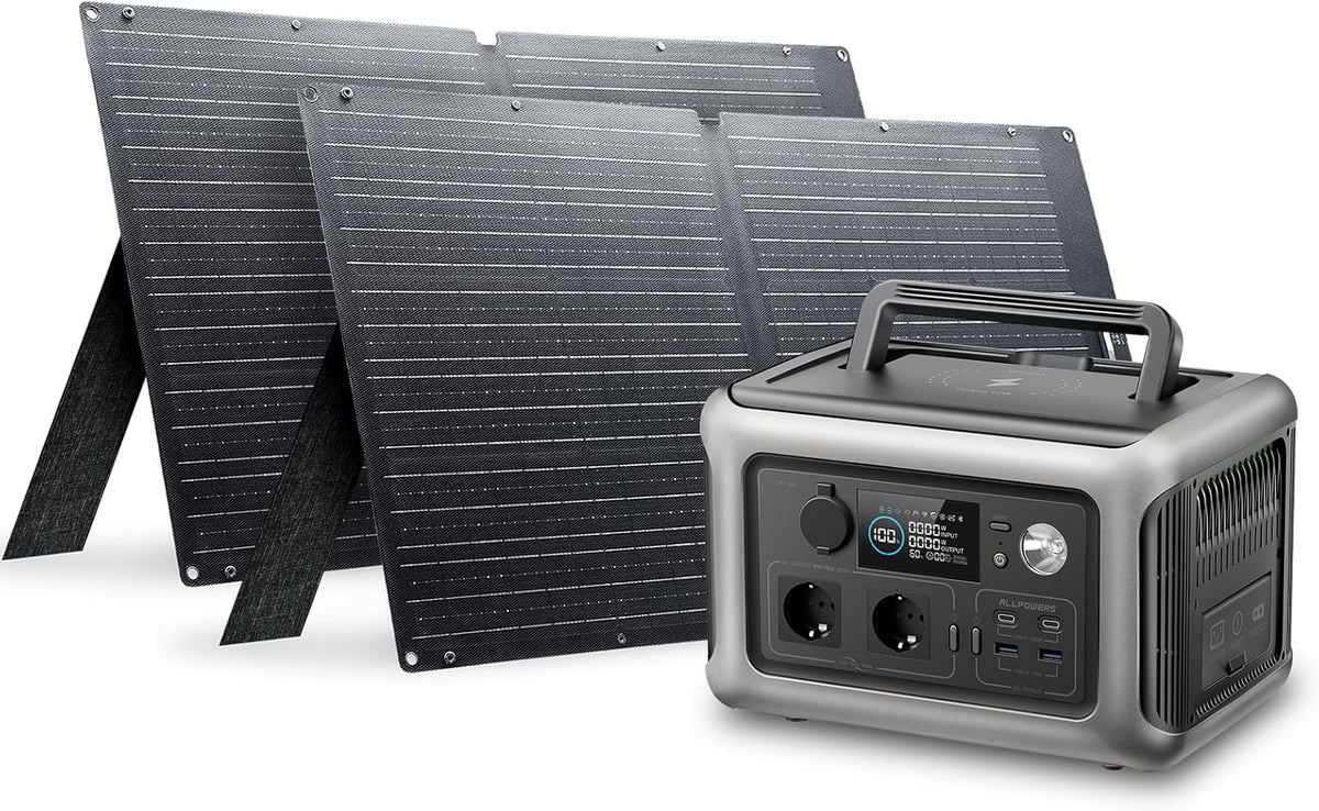 Groupe éléctrogènes, R600 générateur solaire 299Wh avec 2 panneaux solaire 100W, 600 W, ALLPOWERS, 1200 W, 230V, 18W, 12V, 15W, 400W, 220W