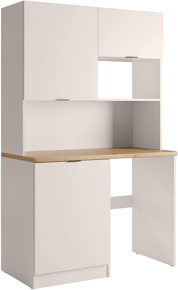 Rangement sur pied, avec Plan de Travail 120 cm, Vente-unique, 3 cm, 3 portes, Meuble Multifonction kitchenette et buanderie, Beige et Naturel