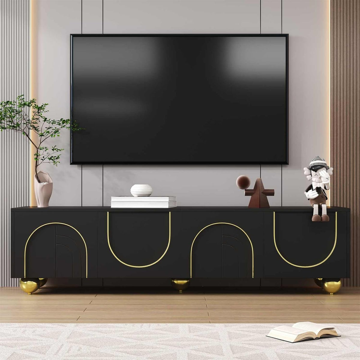 Meuble TV YEHTOKHOME, Noir 2, Armoire avec Quatre Portes d'armoire, 170 × 38 × 44cm, Organisateur avec Pieds Ronds dorés