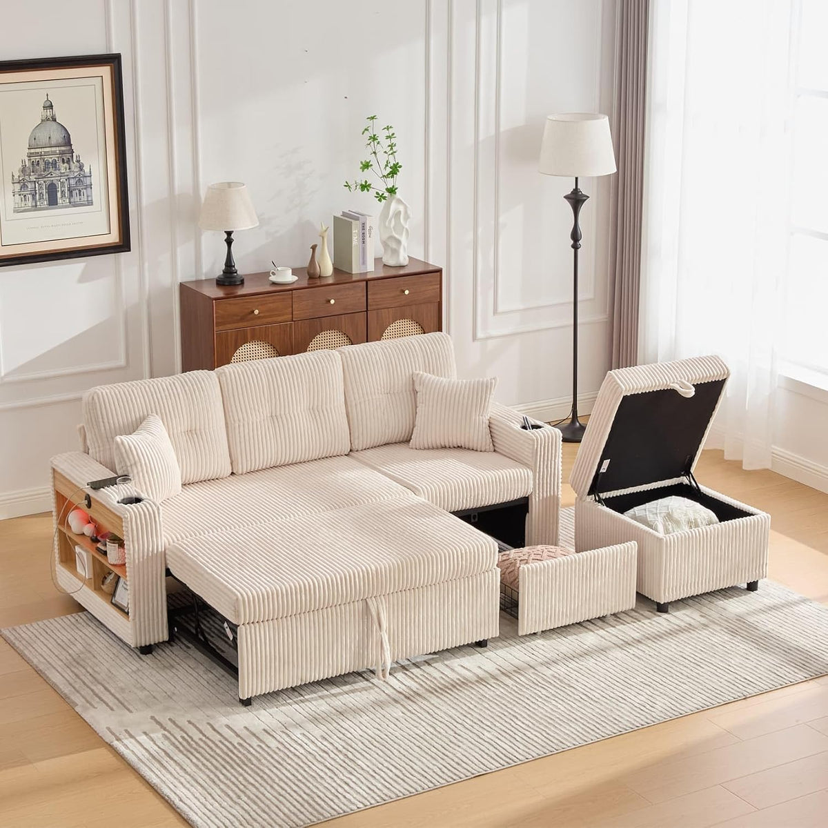Canapé EURHCIO, télécommande, éclairage LED, avec Espace de Rangement, Port USB Type-C, éclairage LED et Porte-gobelets, Beige
