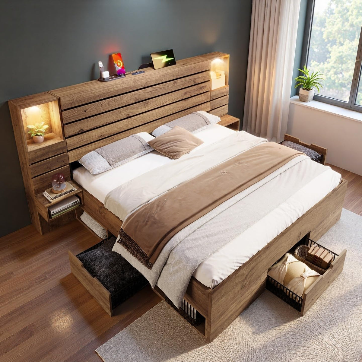 Cadre de lit, 5 niveaux, éclairage LED, Sapgaks, Port USB+Type-C, Niche éclairée, Tables de Chevet suspendues, tiroirs, Couleur chêne