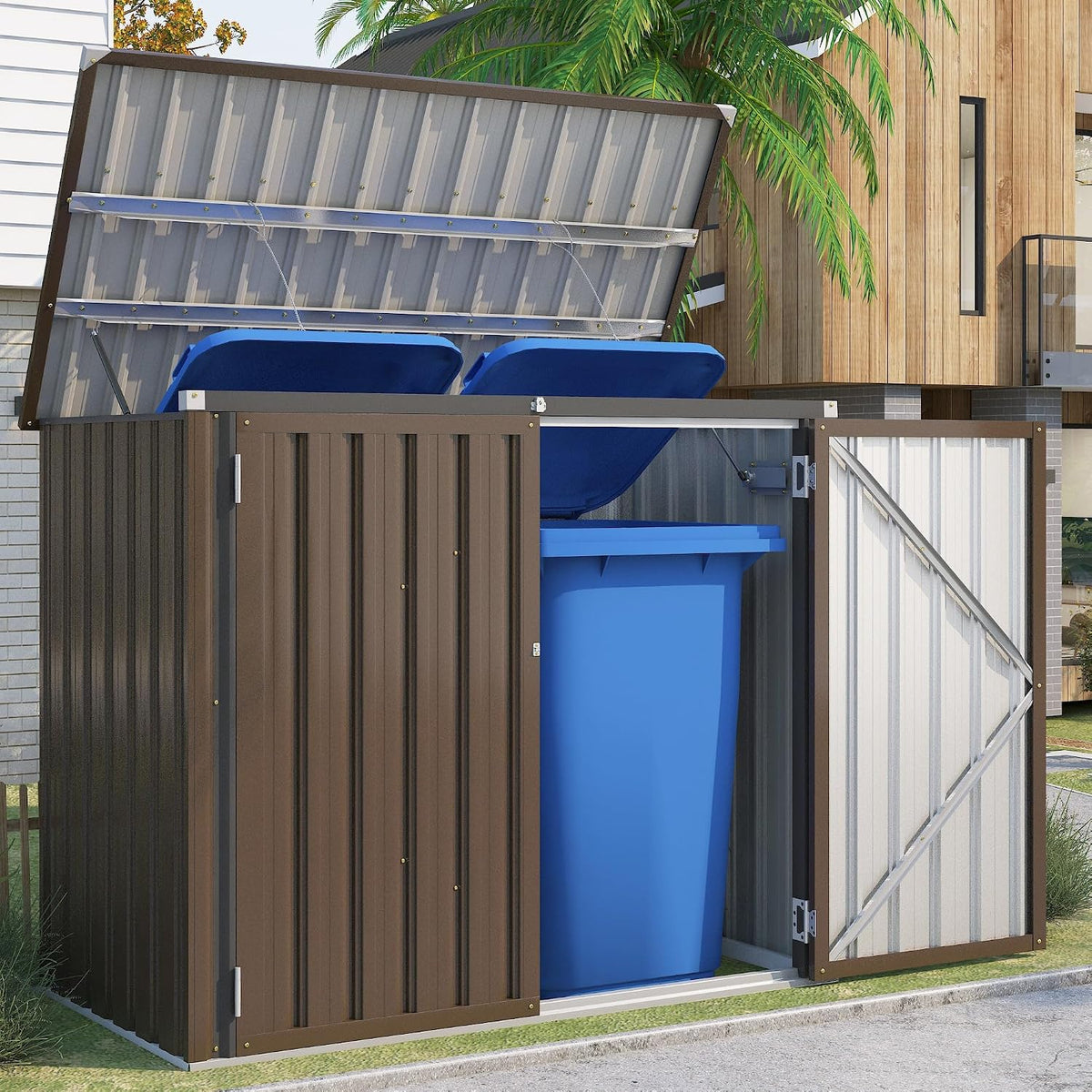 YODOLLA Abri de jardin, Cache Poubelle Exterieur en Métal, 150 × 80 × 117.6cm, Abri pour 2 Poubelles 240L, Vélo Enfant, 2 PORTES, Brun