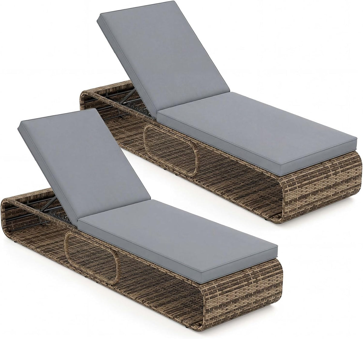 Bain de soleil, 2pcs Chaise Longue Jardin Exterieur Rotin PE avec Coussin, 7 niveaux, COSTWAY, 185 × 65 × 86cm, 180kg, Charge 180kg, réglable, Gris