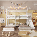 Cadre de lit, pour Garçons Filles, Lit Superposé Enfants 3 Places avec Toboggan, PUGSDRLY, Blanc, Haute Barrières, étagères Ouvertes