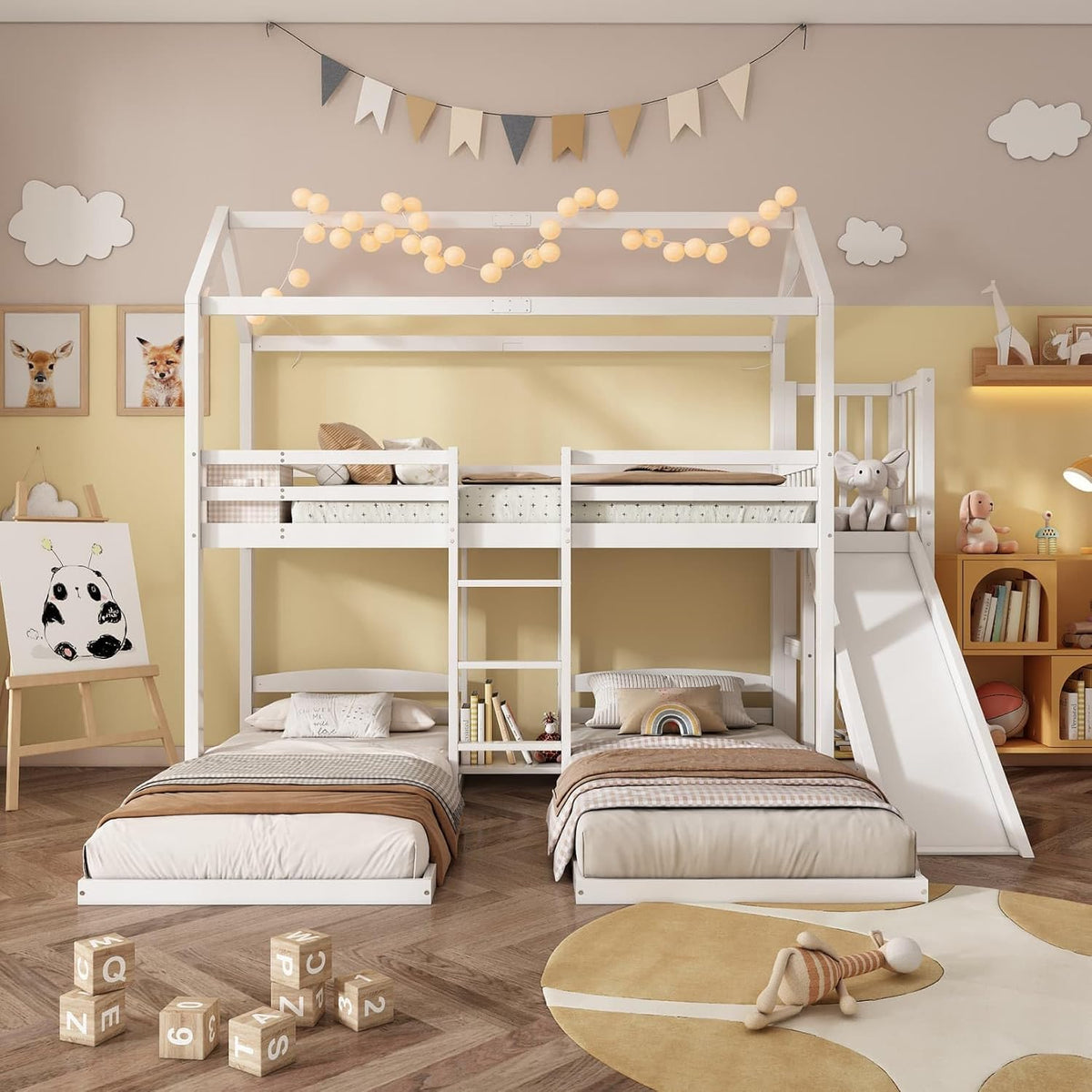 Cadre de lit, pour Garçons Filles, Lit Superposé Enfants 3 Places avec Toboggan, PUGSDRLY, Blanc, Haute Barrières, étagères Ouvertes