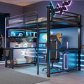 Lit, 140 × 200 cm, Structure en métal, éclairage LED, Sapgaks, 15 cm, réglable, Noir, Tablette de Clavier, Station de Charge