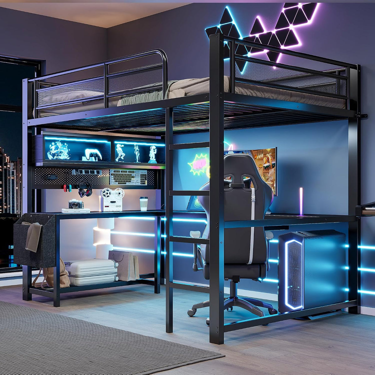 Lit, 140 × 200 cm, Structure en métal, éclairage LED, Sapgaks, 15 cm, réglable, Noir, Tablette de Clavier, Station de Charge