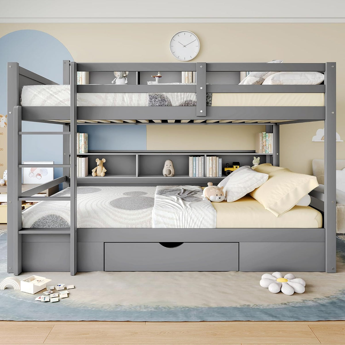 Cadre de lit Sapgaks 90x200cm, lit Enfant superposé pour Enfants, 36 cm, Lit superposé avec tiroirs et rangements, 90 × 200cm, A-Gris