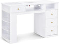 Bureau, 2 tablettes et Plateau en Verre, Table de manucure avec 4 tiroirs, 55 × 120 × 80 cm, Barberpub, 39 × 27 × 8, 5 cm, 32 × 14 cm, 2 étagères