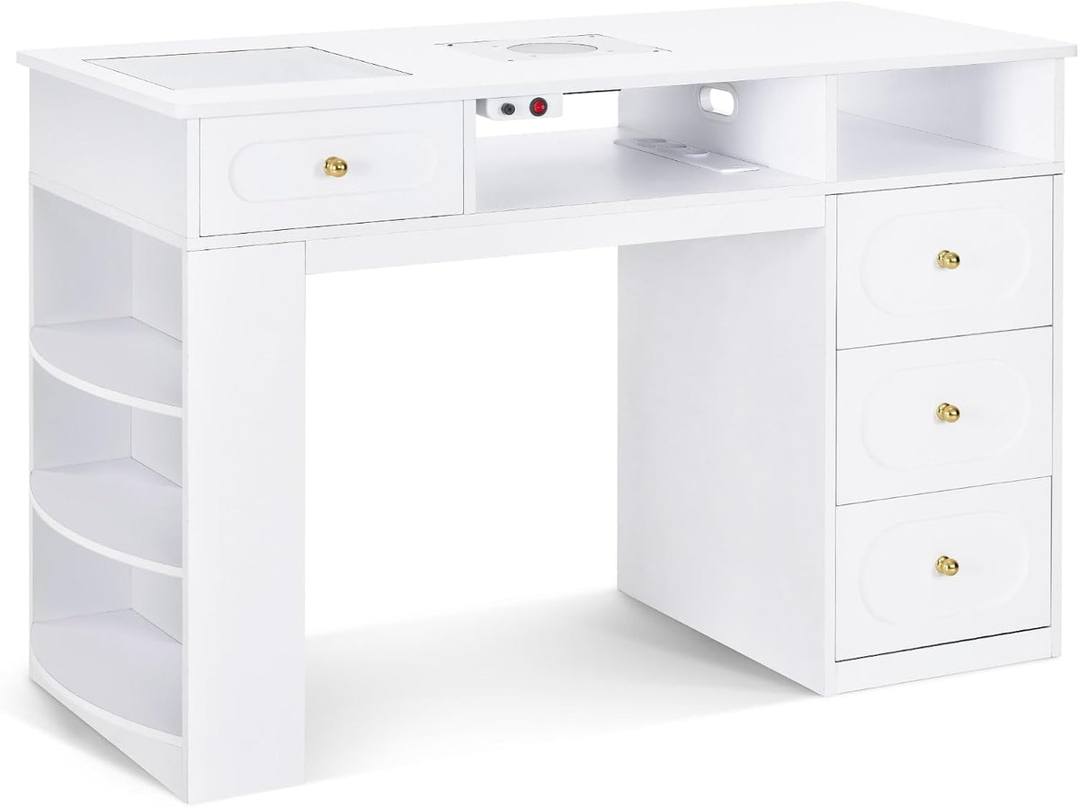 Bureau, 2 tablettes et Plateau en Verre, Table de manucure avec 4 tiroirs, 55 × 120 × 80 cm, Barberpub, 39 × 27 × 8, 5 cm, 32 × 14 cm, 2 étagères
