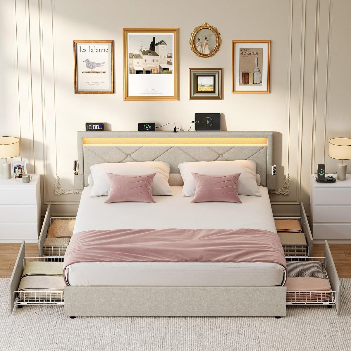 Lit, 140 × 190 cm, télécommande, VASAGLE, 88, 2 cm, 94, 7 cm, 30 cm, 6 niveaux, 3 modes, 6 vitesses, 4 Tiroirs, éclairage LED, réglable, avec LED
