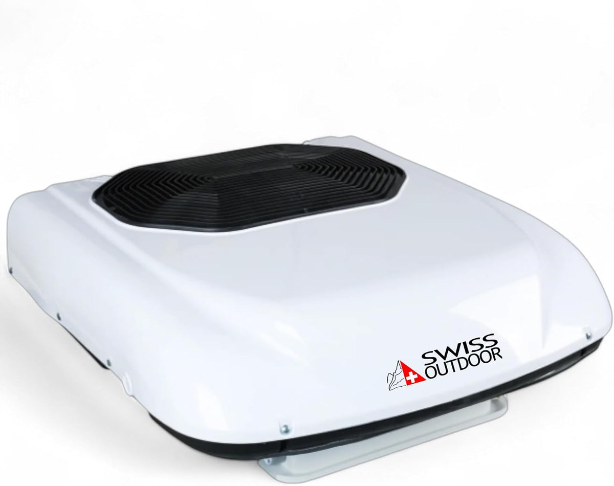 Climatiseur SWISS OUTDOOR, télécommande, 12 V, 9 600 BTU, 2 200 W, 400 × 400 mm, 250 × 400 mm, 230 V, 15 cm, 50 dB, 750 W, 760 m3/h