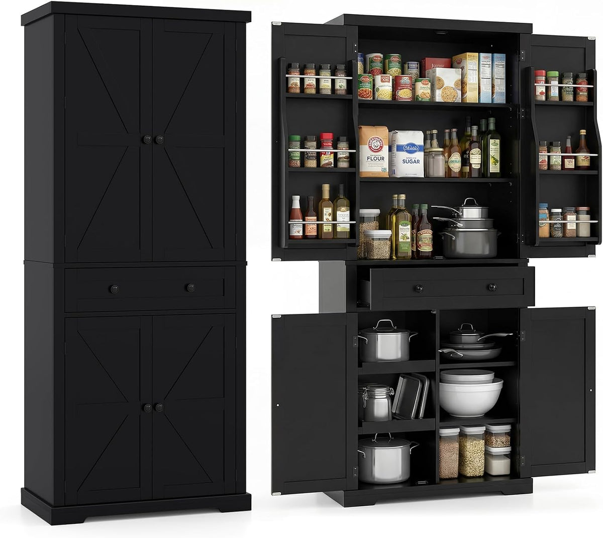 Buffet, 184 cm, réglable, Armoire Cuisine Rangement 184 cm, COSTWAY, 3, 2 cm, 6, 4 cm, 6 Étagères, 3 étagères, 4 étagères, 2 étagères, Noir, Salon