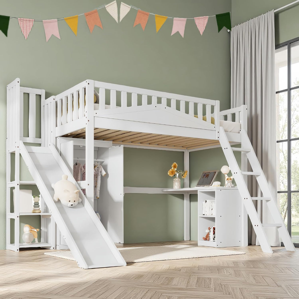 Cadre de lit, Lit Mezzanine Enfant avec Bureau, 90 × 200 cm, Sapgaks, 13 cm, lit Mezzanine 1 Place, Blanc, casiers, Armoire et Toboggan