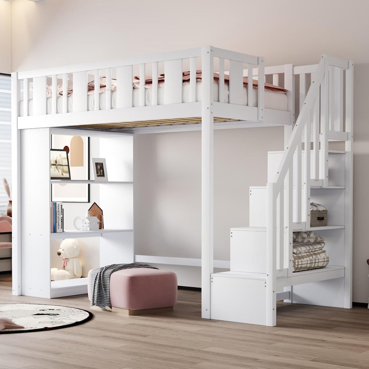 Cadre de lit YEHTOKHOME 90x200, lit Simple Moderne en Bois avec Espace de Rangement et Garde-Corps, 90 × 200 cm, sans Matelas, Blanc