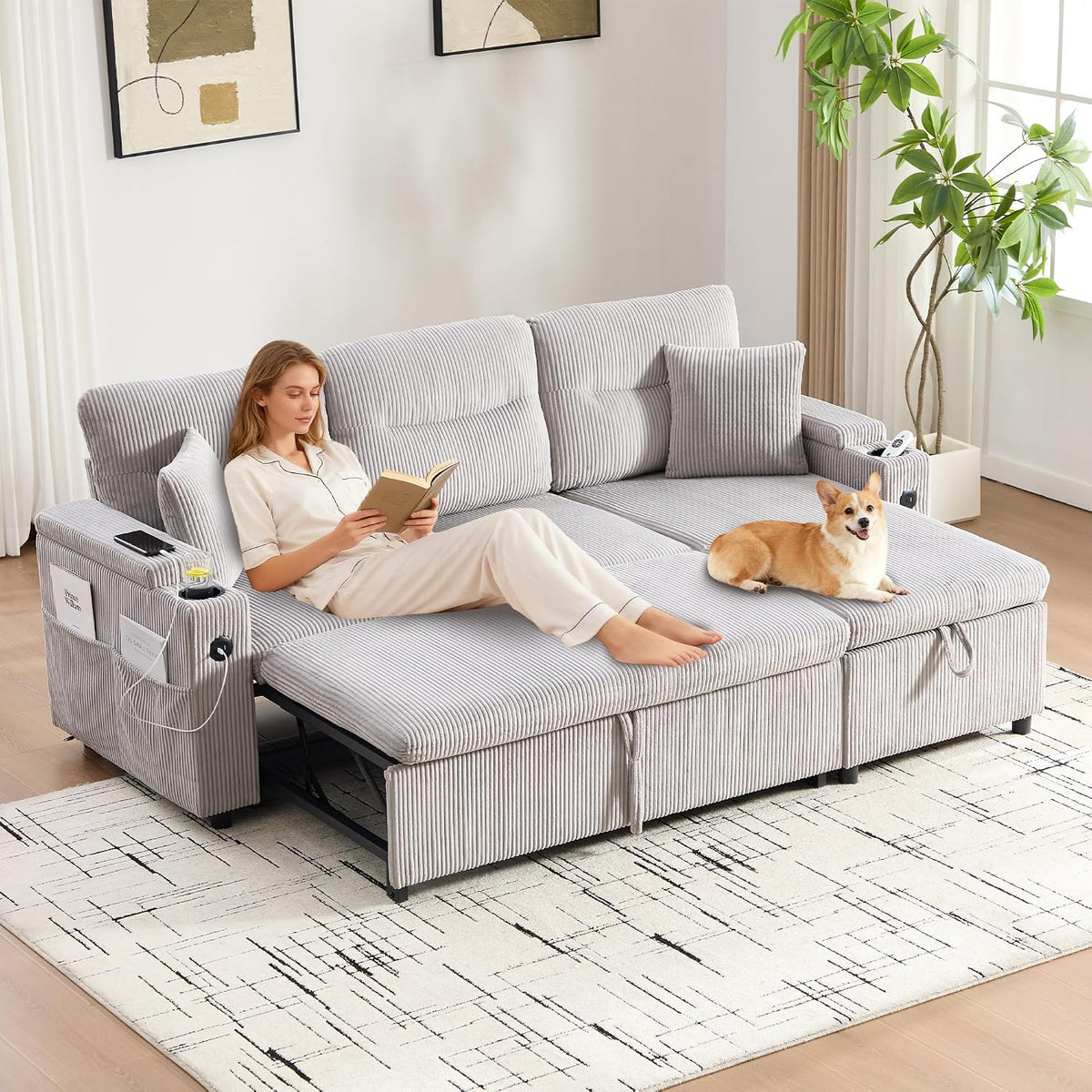 Canapé, 212.5 × 136 × 86 cm, télécommande, Yihomfy, Ports USB, Gris Clair, Rangement intégré