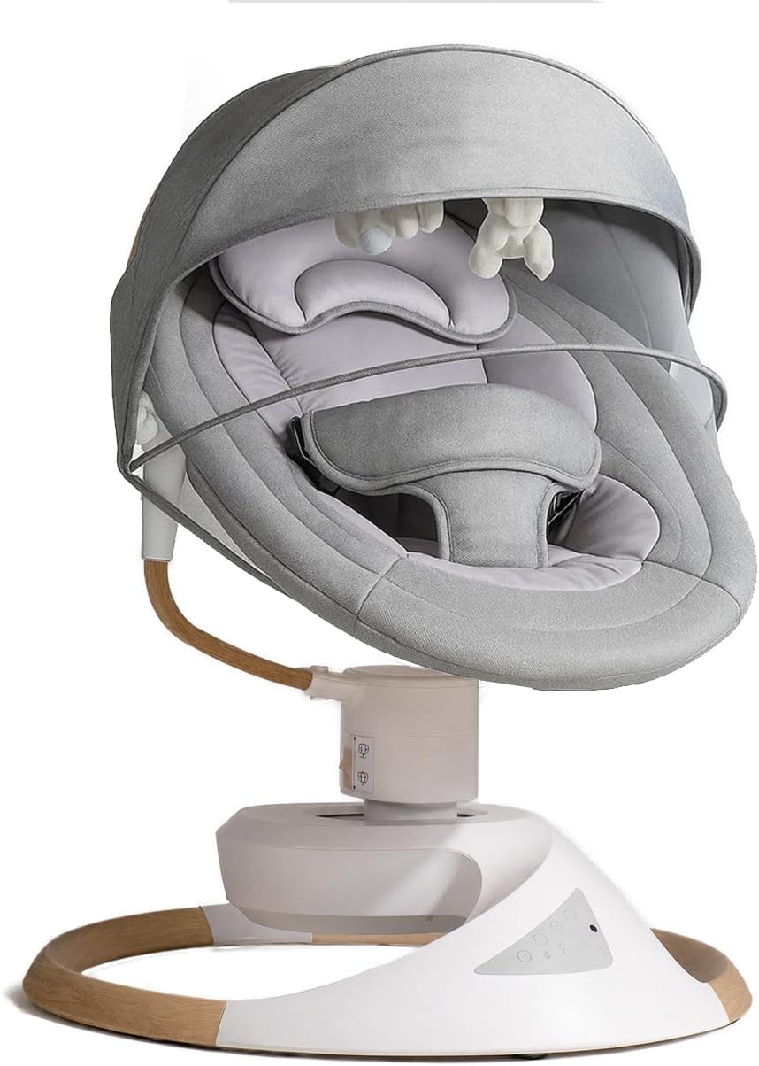 BEBE2LUXE Balancelle de jardin, télécommande, Effet Bois, 5 vitesses, 3 Modes, 66cm, 75cm, 9Kg, Multi-Position 360, Bluetooth, Gris