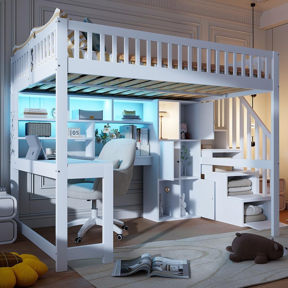 Cadre de lit, 140 × 200 cm, éclairage LED, lit mezzanine avec bureau, Sapgaks, 140 × 200cm, lit enfant avec rangement lit enfant avec barriere