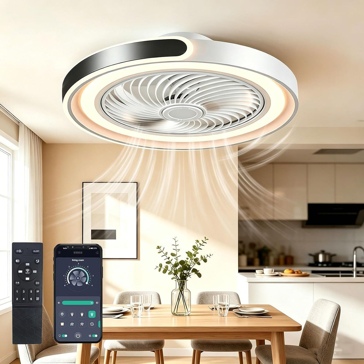 J.SUNUN Plafonnier, pour Salon Chambre Salle à Manger Cuisine lampe, 6 Vitesses, éclairage LED, 50 × 20 cm, 30 dB, 6 niveaux, 50cm