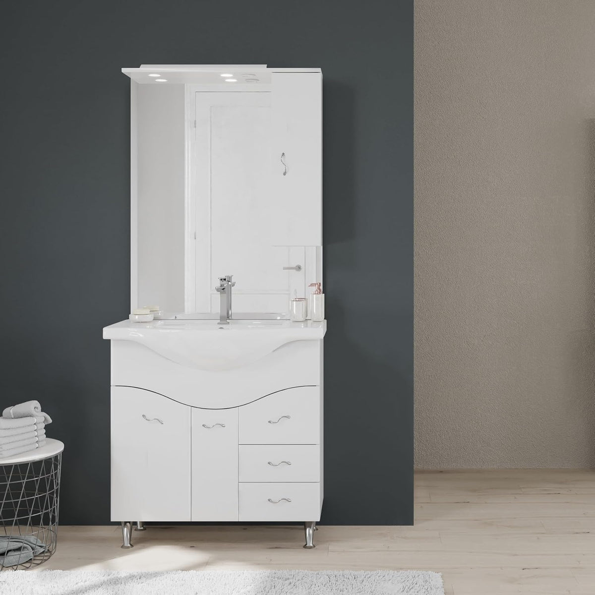 Meuble-lavabos, Meuble de Salle de Bains de 85 cm au Sol avec lavabo, Kiamami Valentina, 192 cm, 87 cm, 50, 5 cm, 188cm, 31.5cm, 33.5cm, 198cm