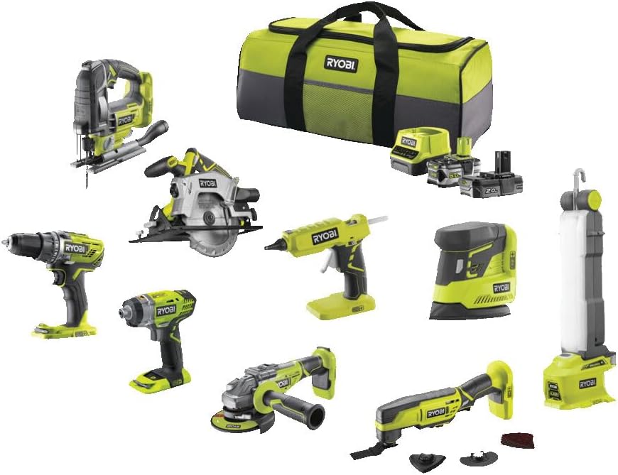 RYOBI R18CK9B-252SLZ Kit d'outils, 13 mm, éclairage LED, 1, 8 mm, 18 V, 115 mm, 2 vitesses, 18V, 5Ah, 2Ah, 2 Batteries fournies