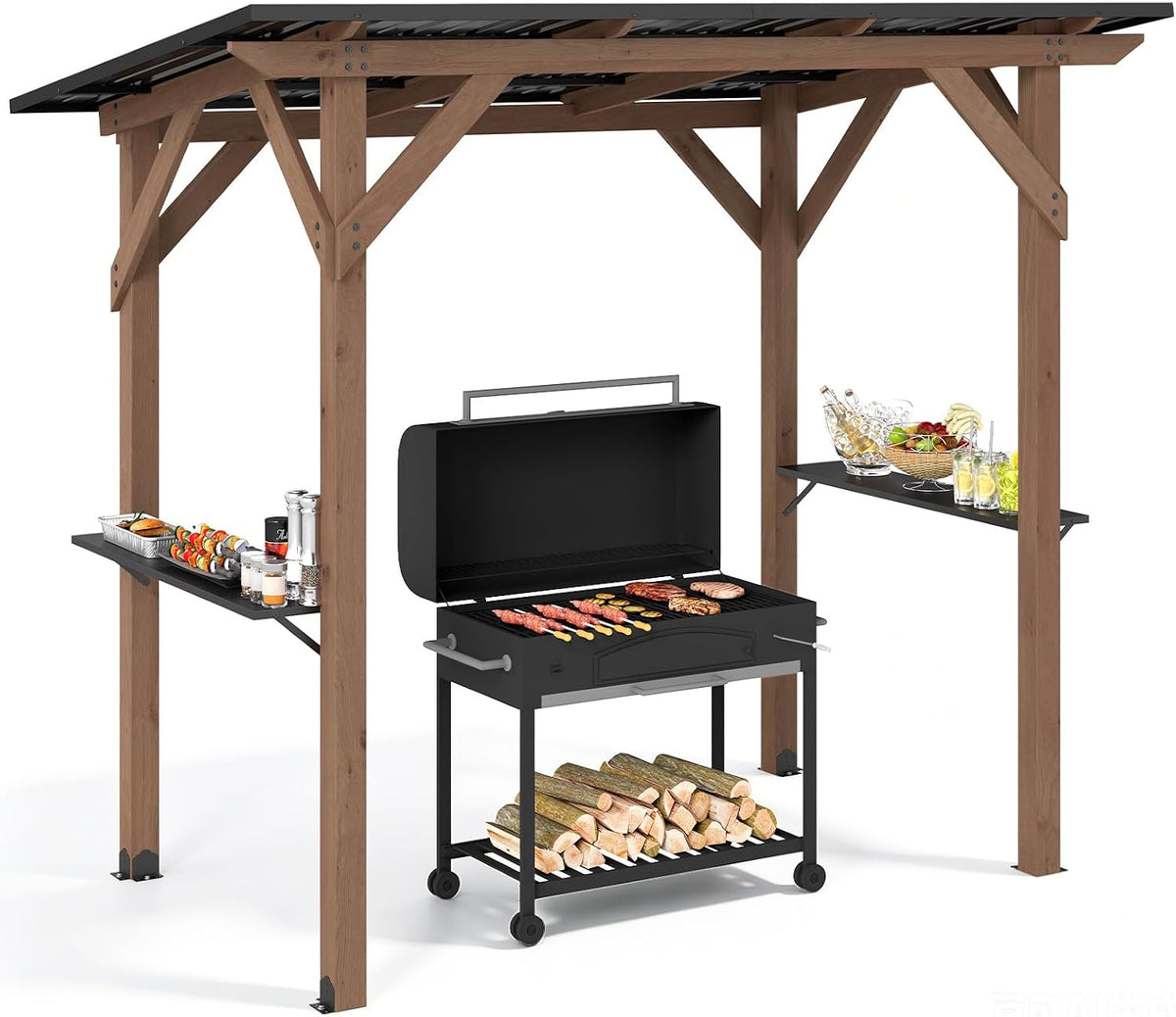 Tonnelle, 263 × 151 × 223 cm, Abri Barbecue Extérieur en Bois Cèdre, COSTWAY, 2 Étagères, fonction gril, Pergola de BBQ pour Terrasse, Jardin