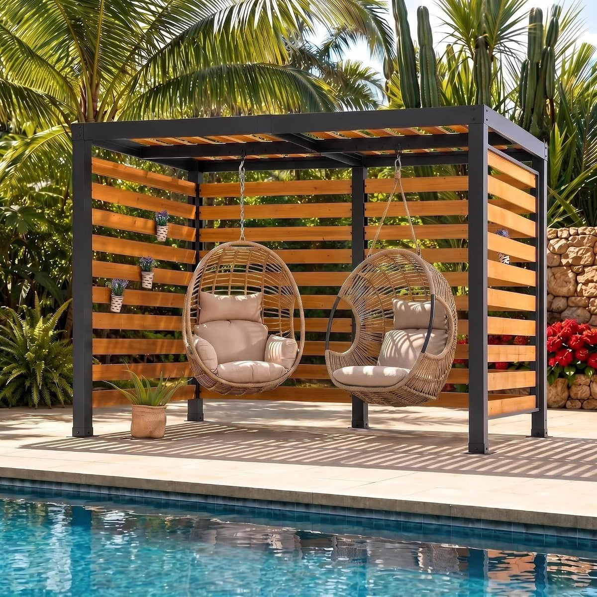 Sunjoy Belvédère, Pergola Jardin Extérieur avec Crochets pour Fauteuil Suspendu et Balançoire, 10 cm, 3 × 2 m, 1, 9 × 3, 1 m