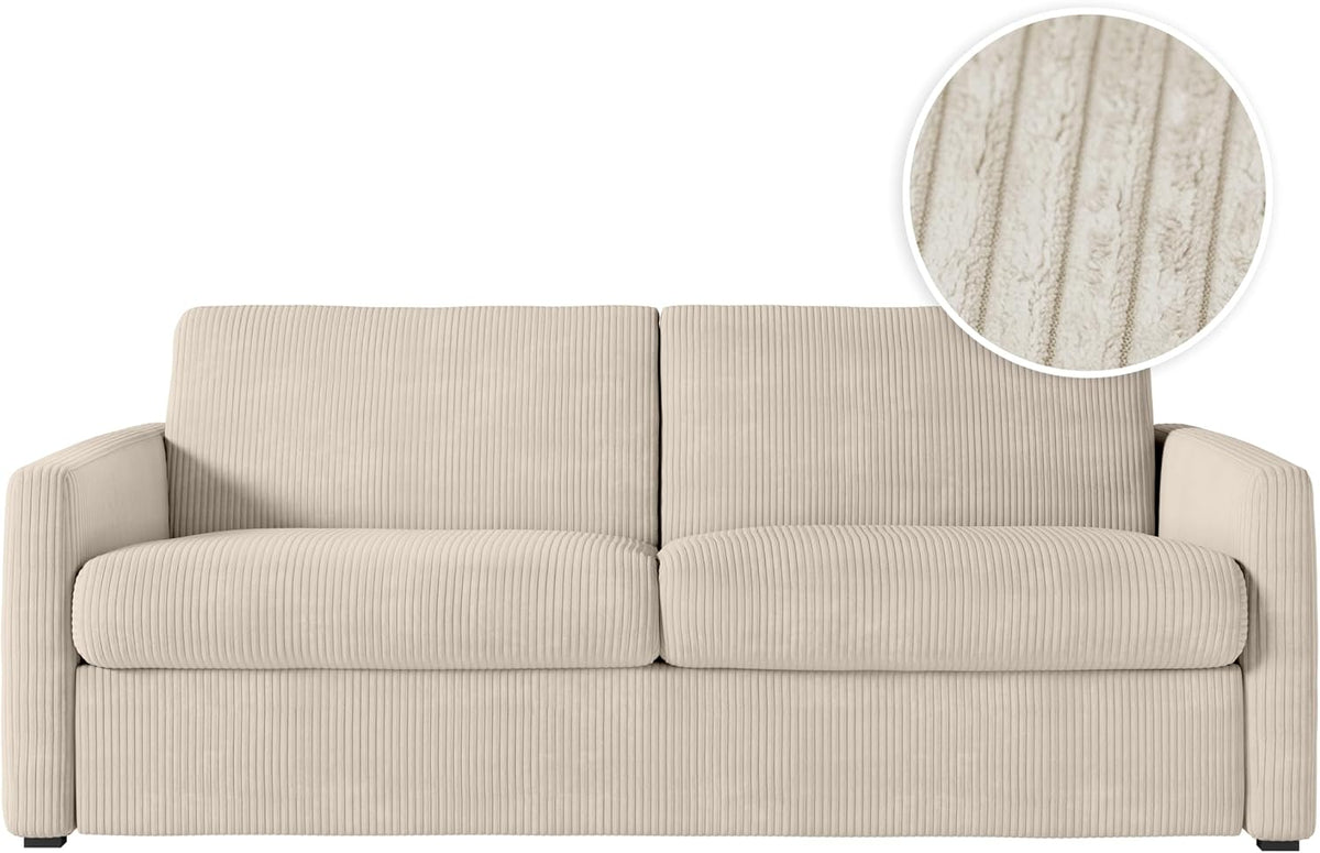 Canapé LOUNGITUDE 140x190, 3 Places, Véritable Matelas, 13cm, Agathe, Express, en Velours côtelé, Beige