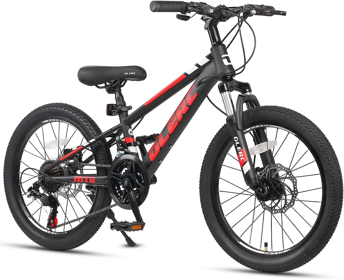 Glerc VTT, 20 24 Pouces vélo Enfant pour Les Jeunes de 6 à 18 Ans, 21 Vitesses vélo avec Suspension Avant & Freins à Disque, 63, 5 cm