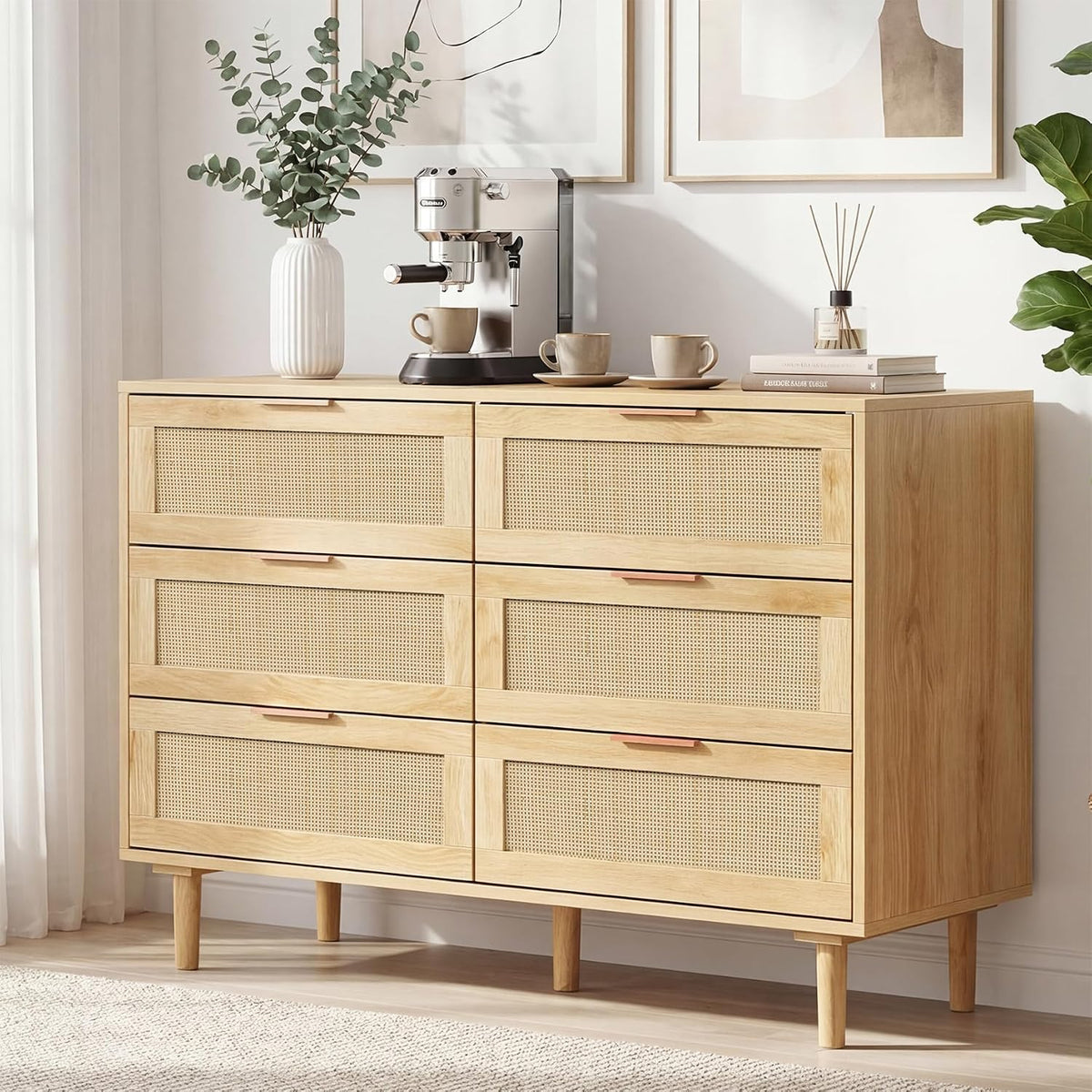 Commode, buffet en rotin en bois, 6 tiroirs, ROCSUMOO, naturel