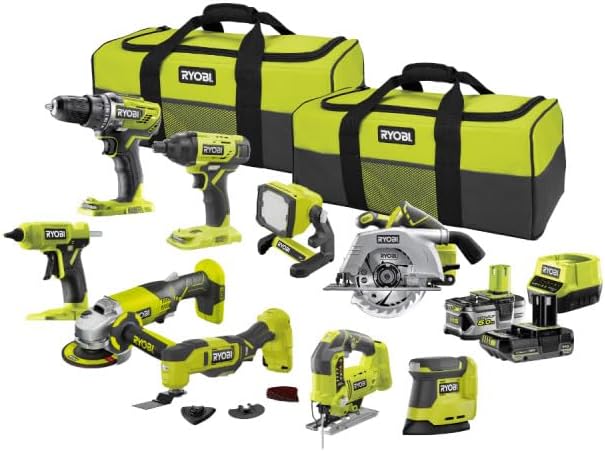 Perceuse-visseuse, éclairage LED, 115 mm, RYOBI, 5, 0 Ah, 2, 0 Ah, 5.0Ah, 2.0Ah, 2 batteries et chargeur., lampe LED, visseuse à chocs, scie sauteuse