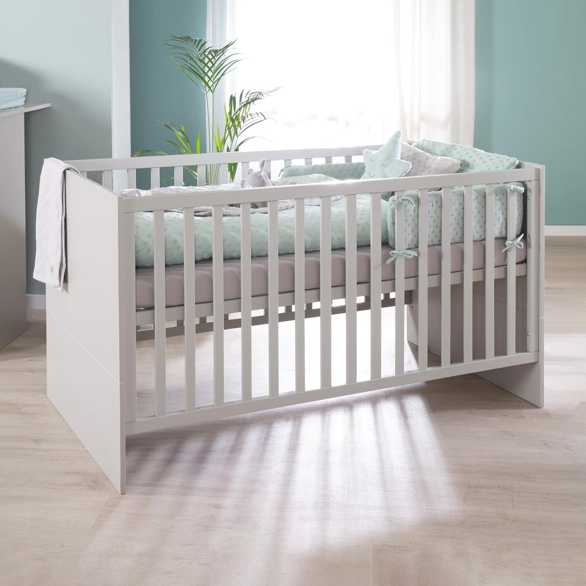 Lit, 70 × 140 cm, réglable, roba, 80 cm, 76 cm, 142 cm, 3 niveaux, 3 Barreaux Amovibles, Réglable en Hauteur, Beige/Gris, portable