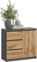 Commode KUBUTKU, 80 × 97 × 40 cm, salon, 16 mm, 80 cm, 97 cm, 1 porte, 3 tiroirs, couloir, bureau, graphite/chêne Wotan