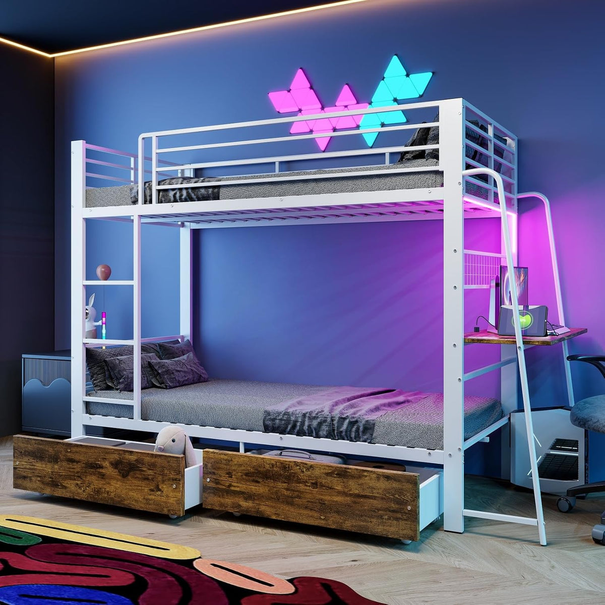 Cadre de lit, télécommande, 90 × 200 cm, Sweiko, 237 × 95 × 170 cm, 40 cm, LED et 2 Tiroirs, éclairage LED, portable