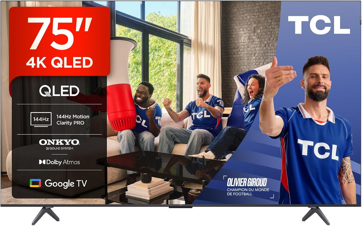 TCL 75T8C Téléviseur, 144Hz, HDR10, 75T8C 75' QLED 4K HDR Ultra HD TV, 144Hz Motion Clarity Pro, Onkyo 2.1 Sound, Google TV