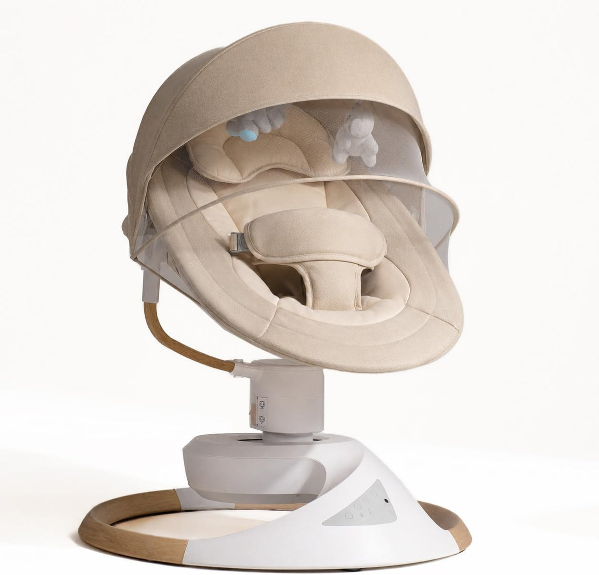 Balancelle de jardin, Effet Bois, télécommande, 3 modes, BEBE2LUXE, 5 vitesses, 66cm, 75cm, 9Kg, Bluetooth, éclairage LED, Gris, Beige