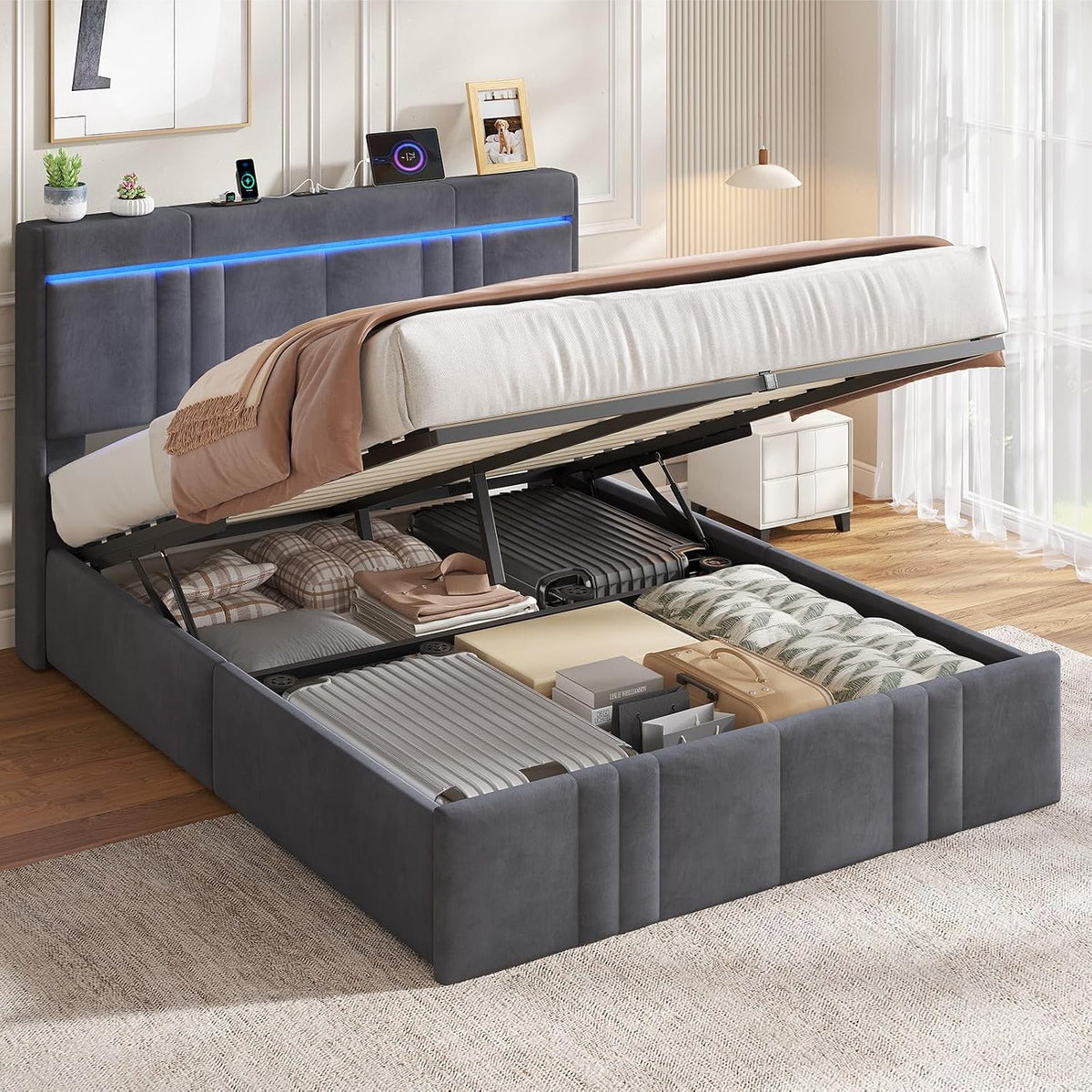 Cadre de lit, 30 cm, télécommande, AOGLLATI, 140 cm, Lit Coffre avec sommier lit 2 Personnes avec Éclairage LED & Ports USB, 140 × 190cm