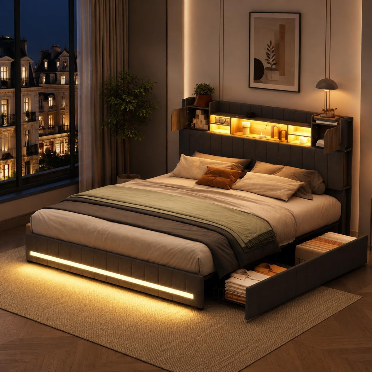 Lit LIVLUX 160x200, télécommande, 160 × 200 cm, 2 Personnes pour Adultes et Adolescents, 4 Tiroirs, éclairage LED, Gris, portable, Lin