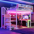 Lit, éclairage LED, 90 × 200 cm, avec bureau, Merax, LED et prise, blanc, sans matelas, portable, étagère