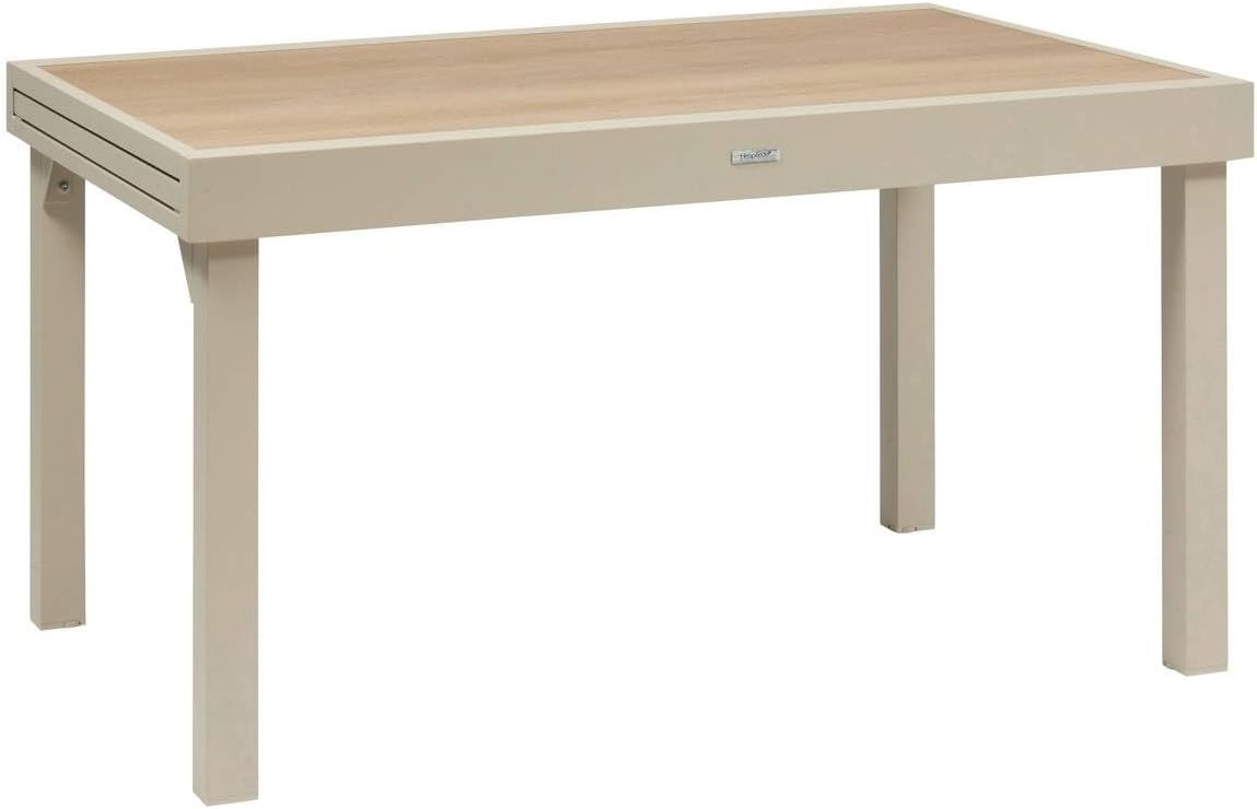 Table à manger, 270 cm, Plateau Verre Trempé Effet Bois, réglable, Table de Jardin Extensible Piazza Argile, HESPERIDE, 10 Places