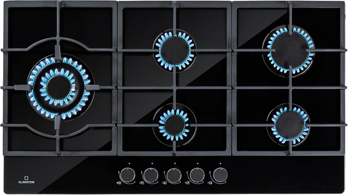 KLARSTEIN Plaque de cuisson, 11100W, Cuisiniere Gaziniere avec Brûleurs en Acier Inoxydable, 5 Brûleurs, 11, 1 kW, encastrable, verre