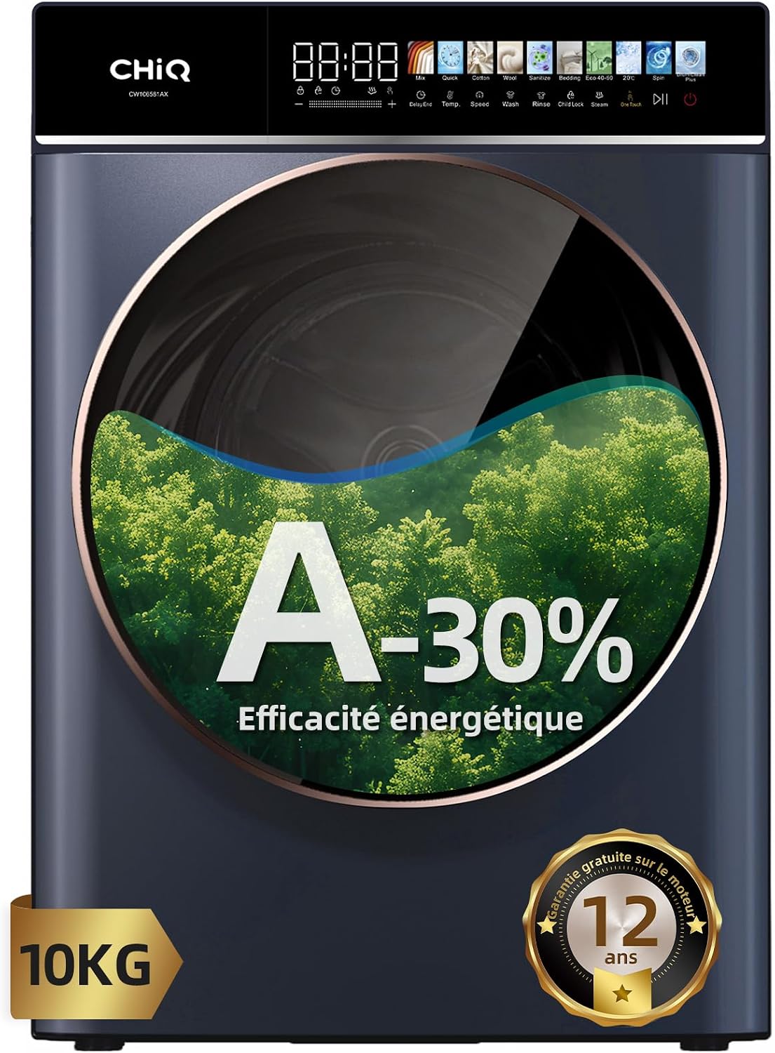 CHiQ A-30 Lave-linge, 600 × 577 × 847 mm, moteur Inverter, 13, 5 pouces, 1400 tr/min, 10kg, 12 programmes, commande tactile