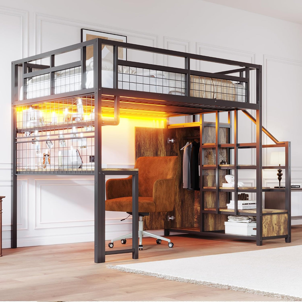 Lit, 140 × 200 cm, avec Armoire et Bureau, Merax, Noir, sans Matelas