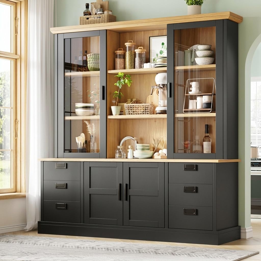 Buffet, 140 × 185 cm, Vaisselier avec Plan de Travail et 6 Tiroirs, Armoire de Cuisine Haute, Yihomfy, 35, 3 × 30 × 12 cm, 140 × 58, 4 × 185 cm