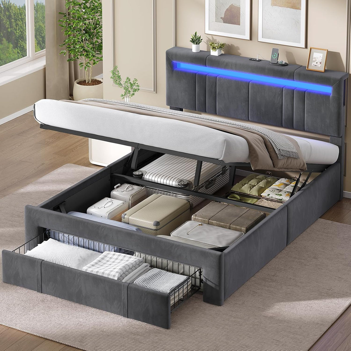 Cadre de lit, 840 L, éclairage LED, AOGLLATI, 95 cm, 25 cm, réglable, Velours Gris Foncé